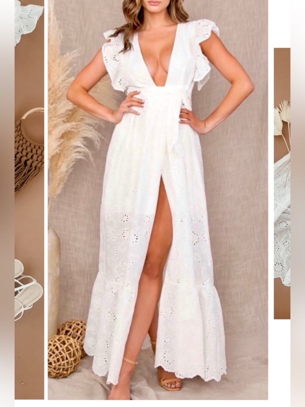 Malibu Bum NWT Off White Eyelet Maxi Dress Plunge Casual Wedding Travel Size S